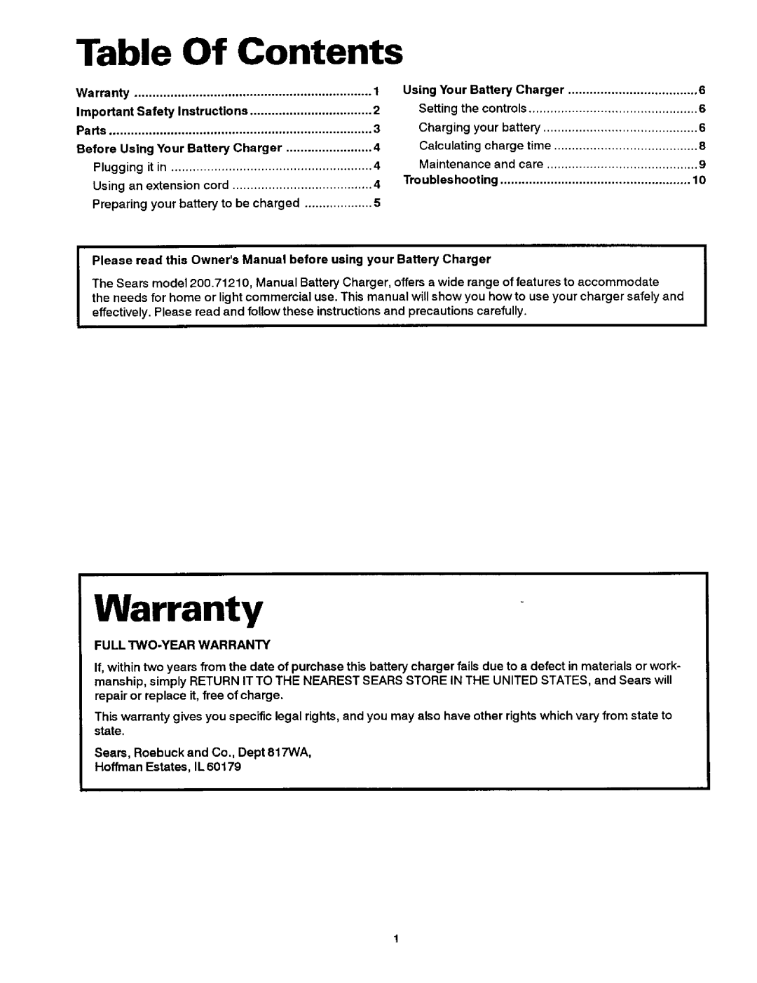 Sears 200.7121 owner manual Contents 