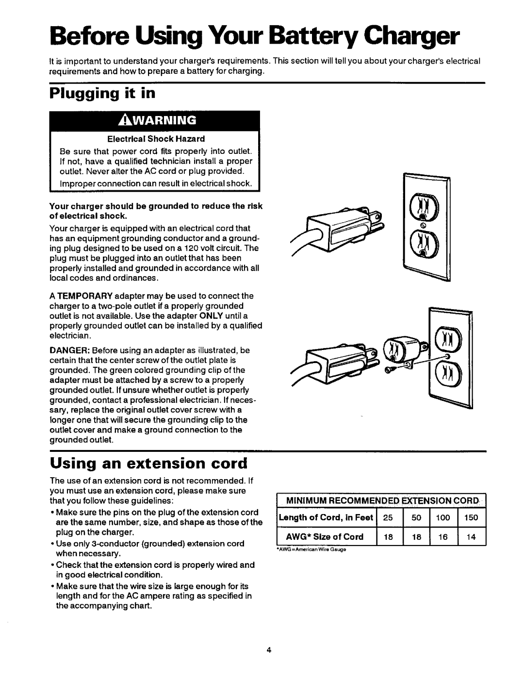 Sears 200.7121 Before Using Your Battery Charger, Plugging it, Using an extension cord, Minimum Recommended Extension Cord 