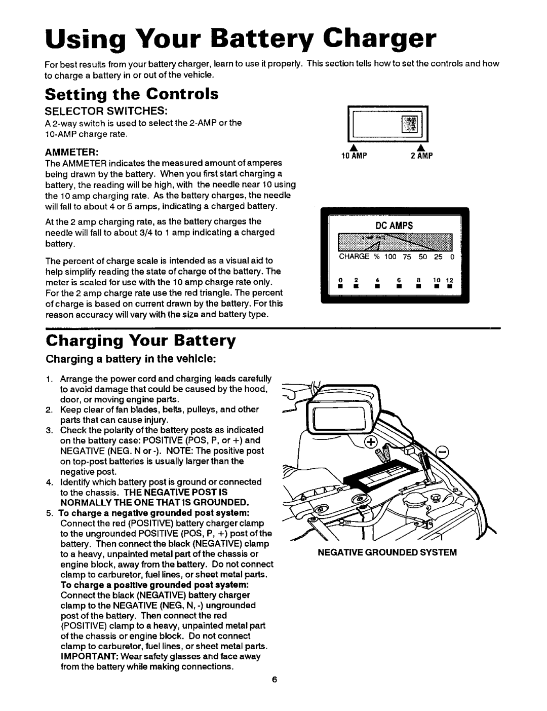 Sears 200.7121 owner manual Using Your Battery Charger, Setting the Controls, Ammeter, DC Amps 