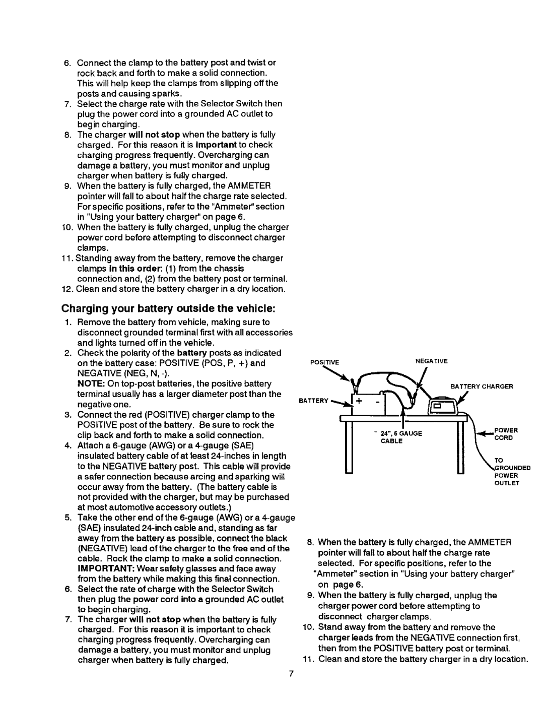 Sears 200.7121 owner manual Charging your battery outside the vehicle 