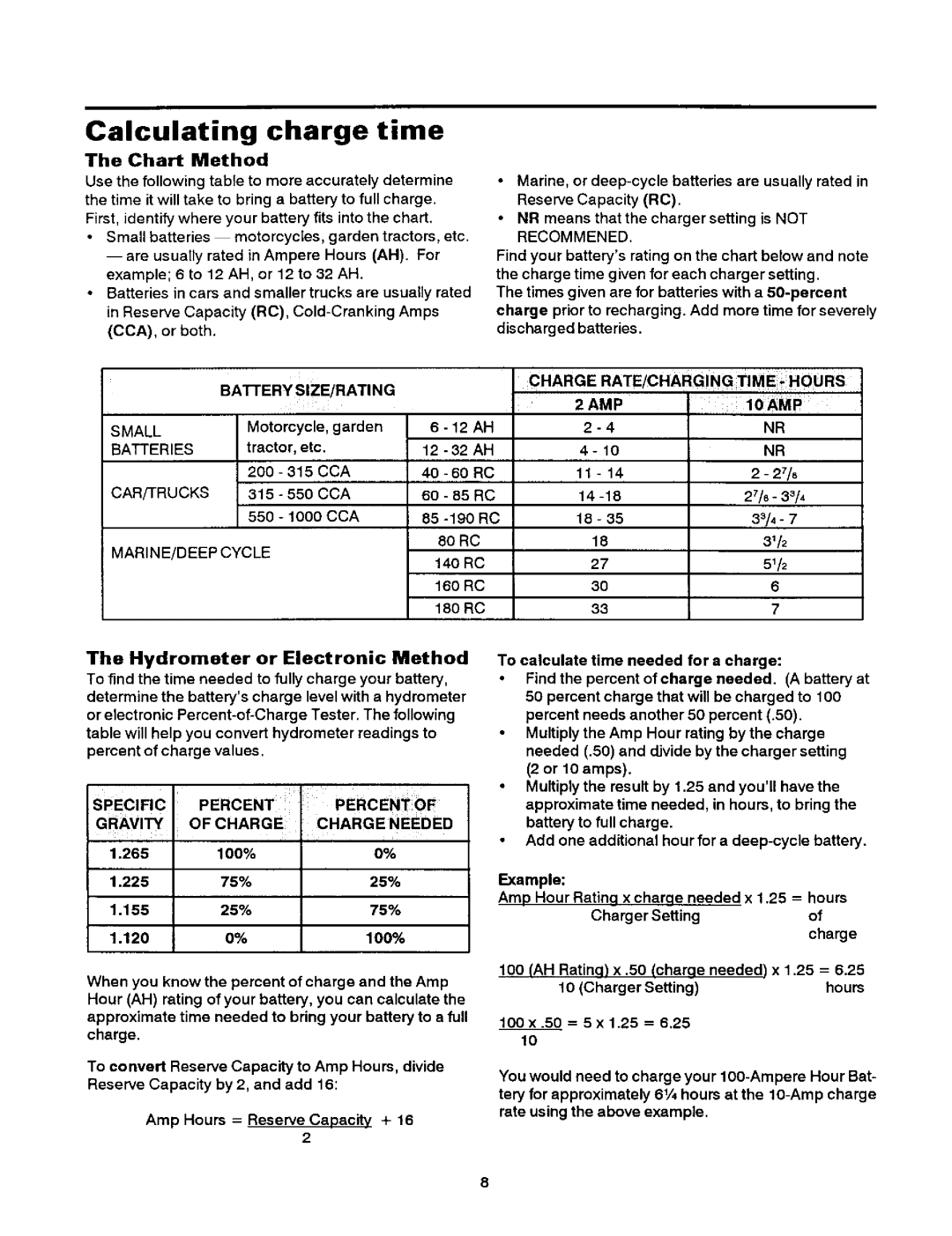 Sears 200.7121 owner manual Calculating charge time, Charge RATE/CHARGING Time Hours, AMP 10AMP 