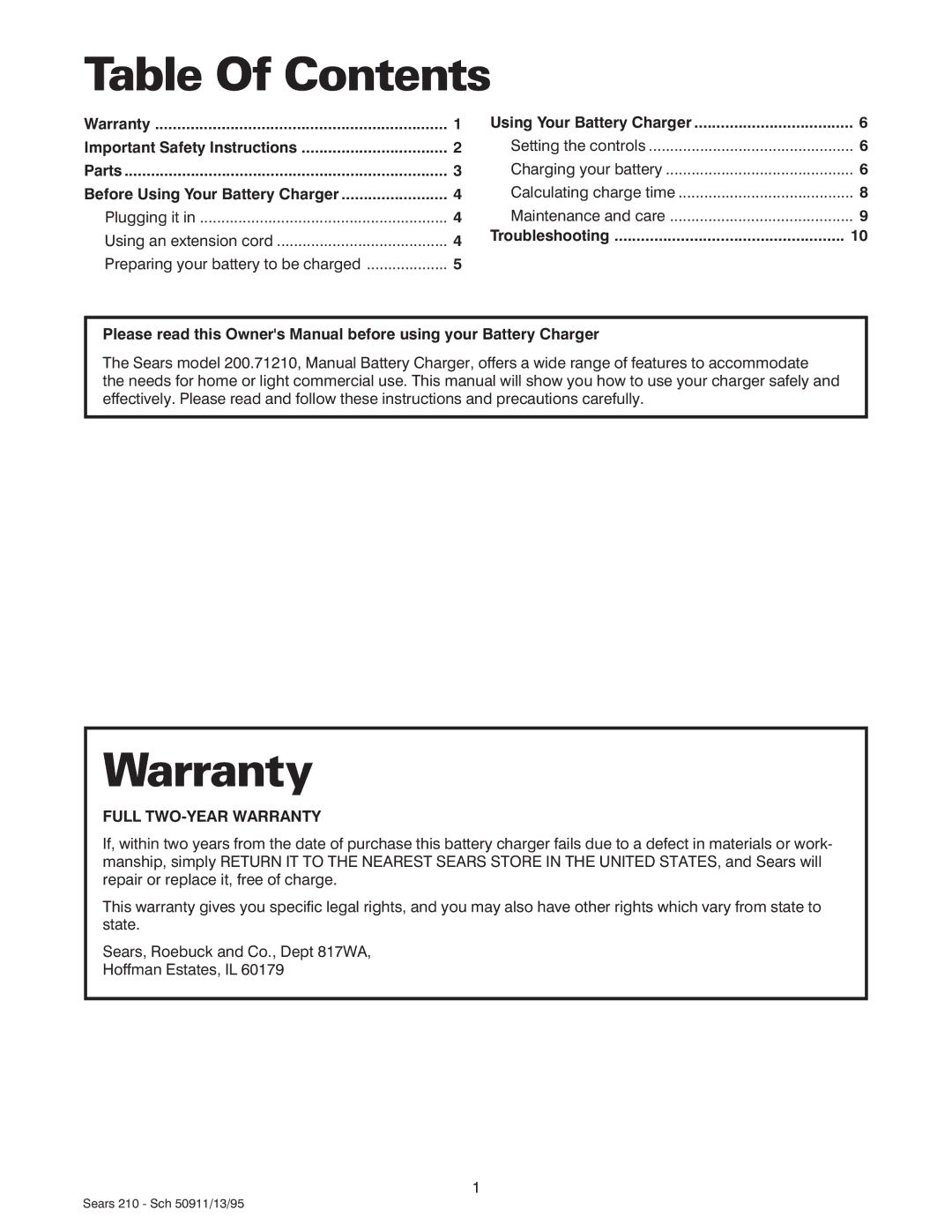 Sears 200.71210 owner manual Table Of Contents, Warranty 