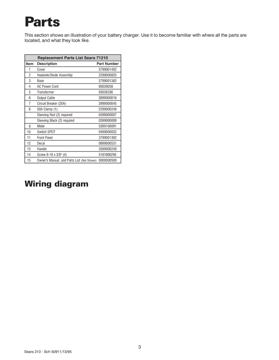 Sears 200.71210 owner manual Parts, Wiring diagram 