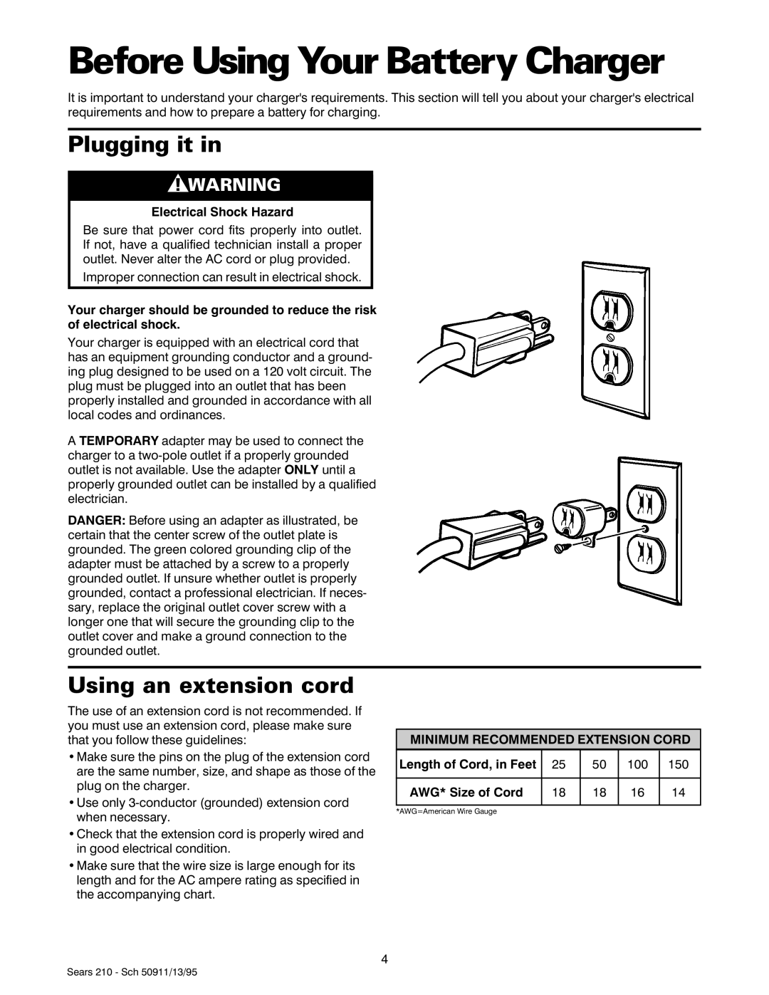 Sears 200.71210 owner manual Before Using Your Battery Charger, Plugging it, Using an extension cord 