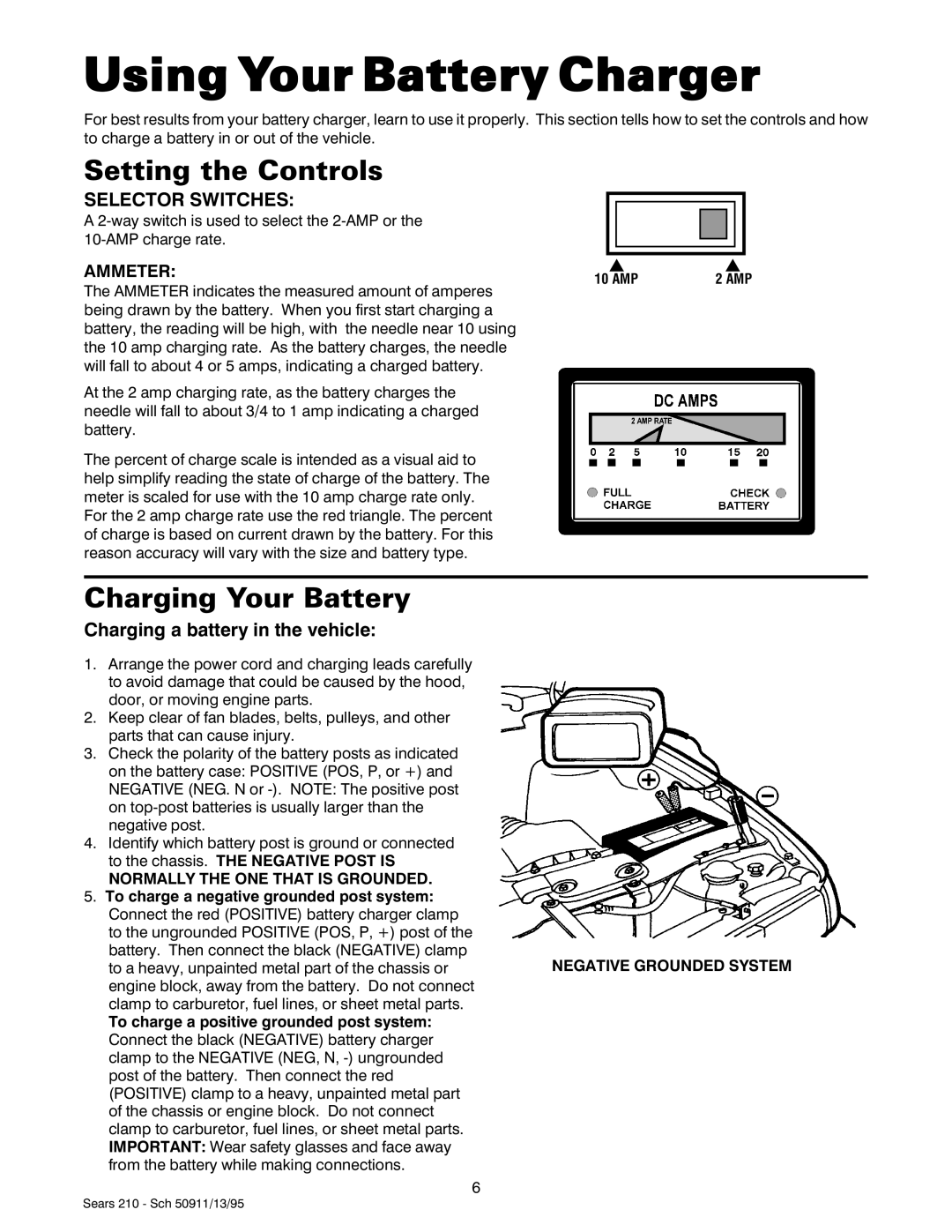 Sears 200.71210 Using Your Battery Charger, Setting the Controls, Charging Your Battery, Charging a battery in the vehicle 