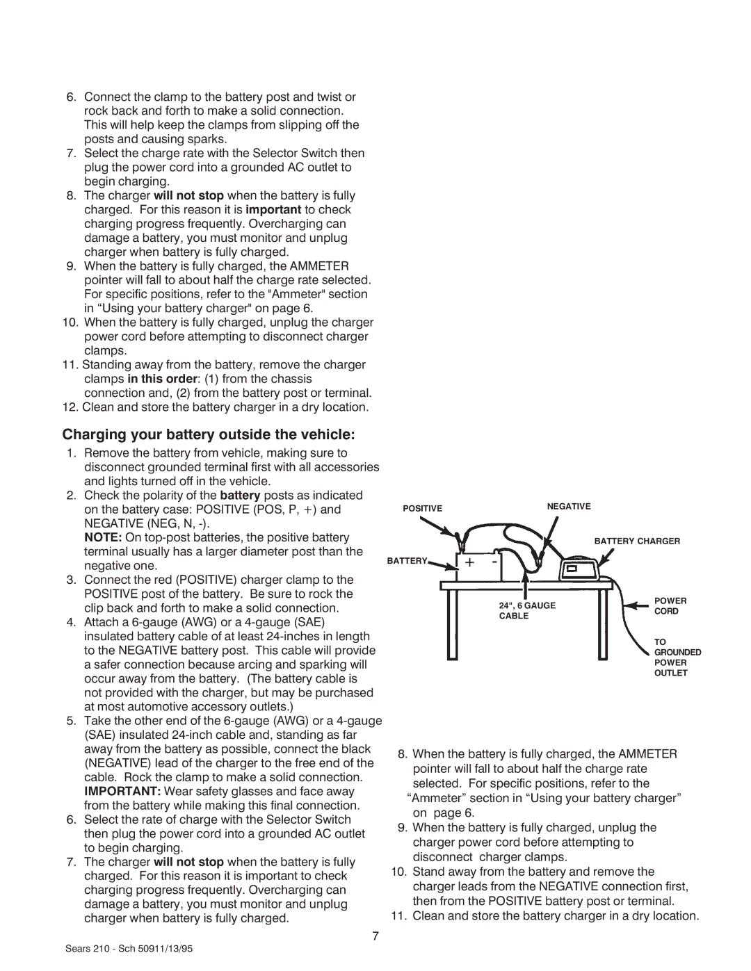 Sears 200.71210 owner manual Charging your battery outside the vehicle 