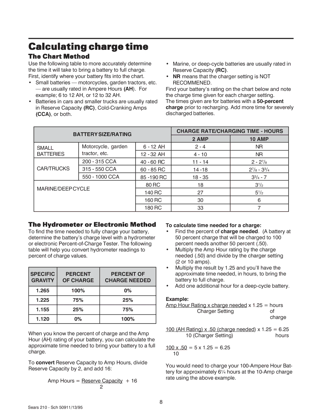 Sears 200.71210 owner manual Calculating charge time, Chart Method, Hydrometer or Electronic Method 