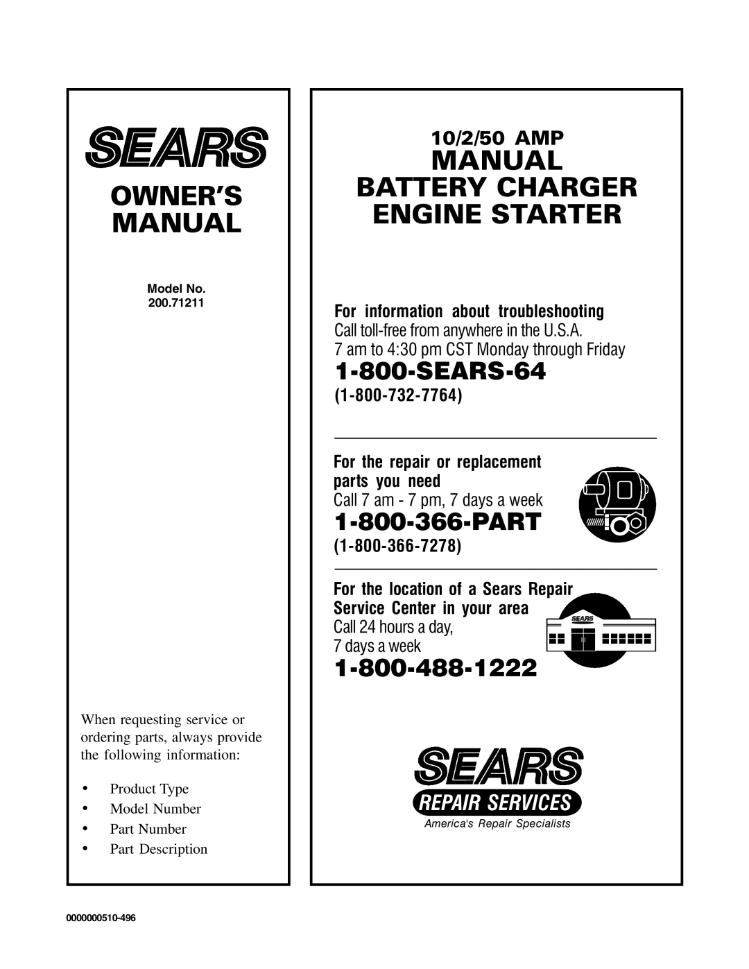 Sears 200.71211 owner manual Part, Model No 