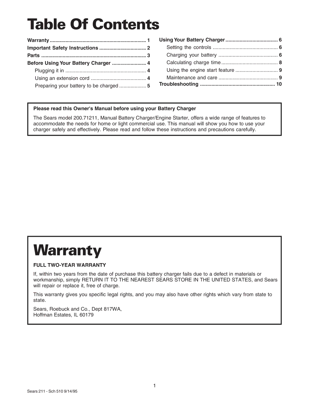 Sears 200.71211 owner manual Table Of Contents, Warranty 