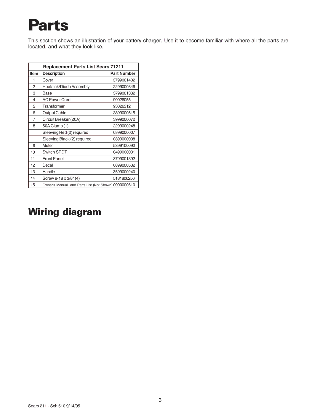 Sears 200.71211 owner manual Parts, Wiring diagram 