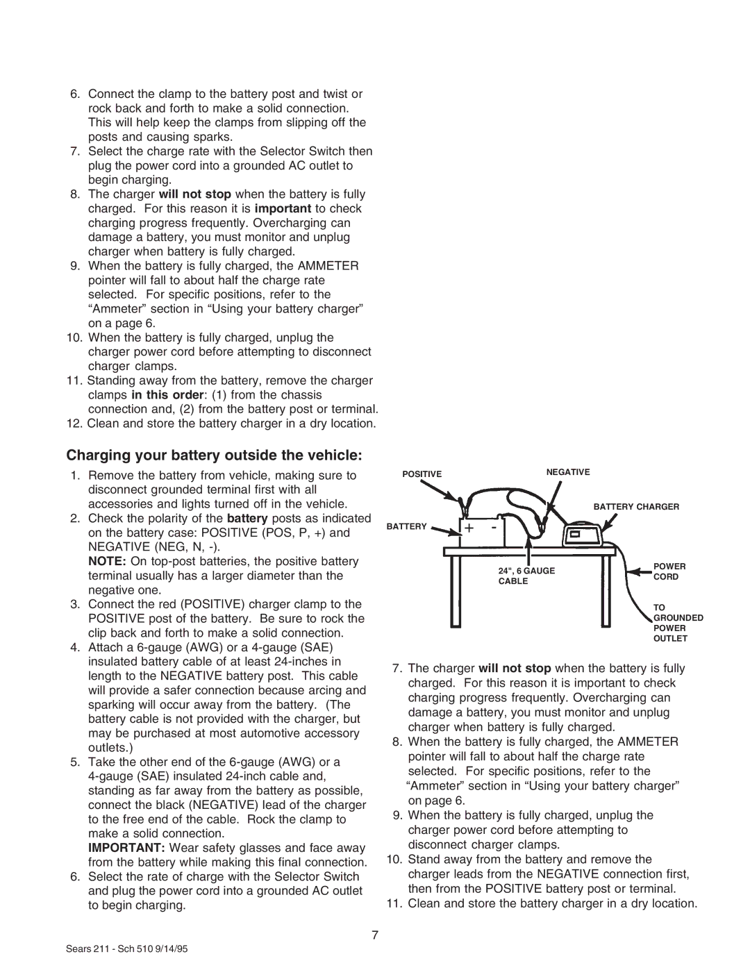 Sears 200.71211 owner manual Charging your battery outside the vehicle 