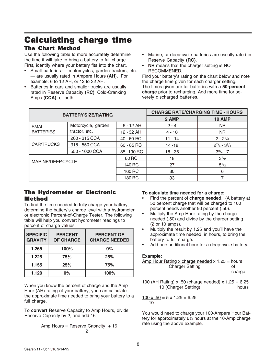 Sears 200.71211 owner manual Calculating charge time, Chart Method, Hydrometer or Electronic Method 