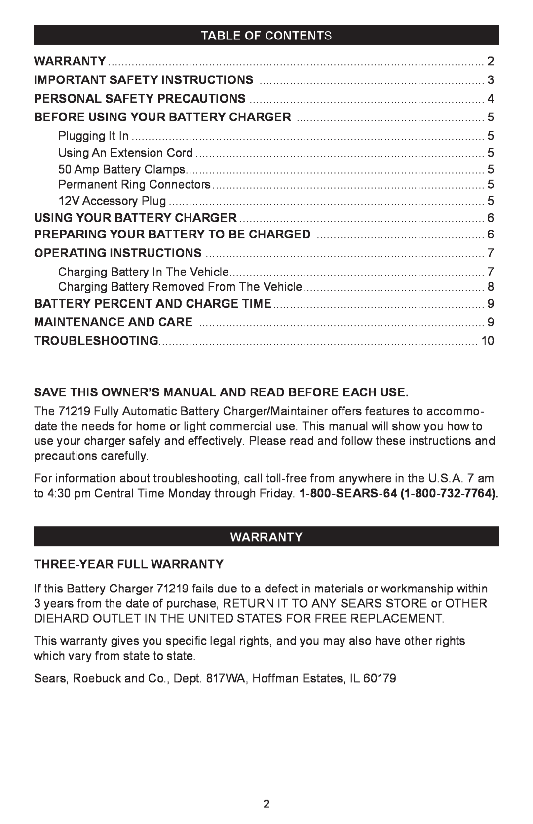 Sears 200.71219 Table Of Contents, Warranty, Save This Owner’S Manual And Read Before Each Use, THREE-YEAR FULL warranty 