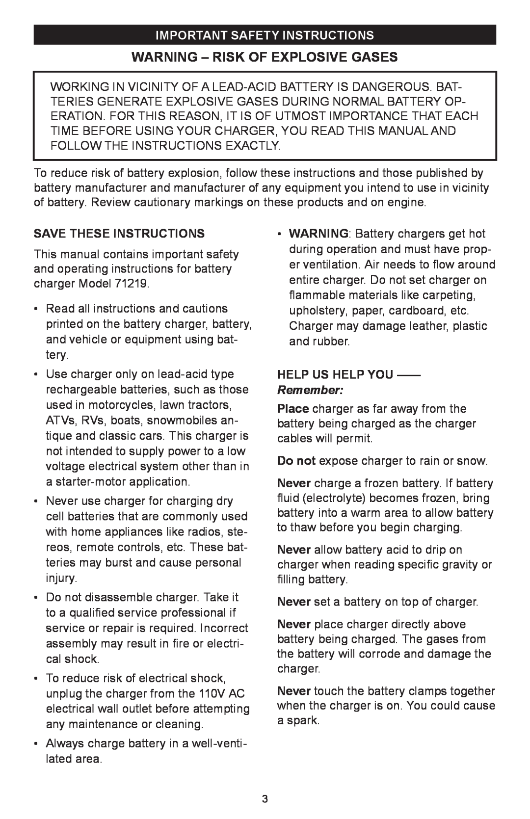 Sears 200.71219 owner manual Warning - Risk Of Explosive Gases, Important Safety Instructions, Remember 