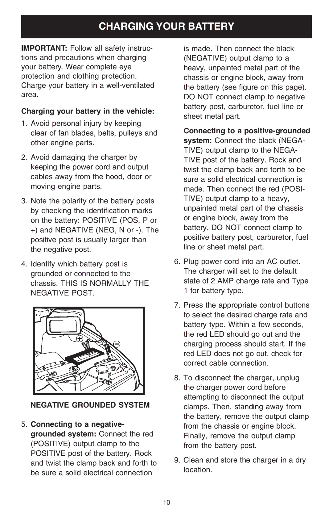 Sears 200.71224 operating instructions Charging Your Battery, Negative Grounded System 