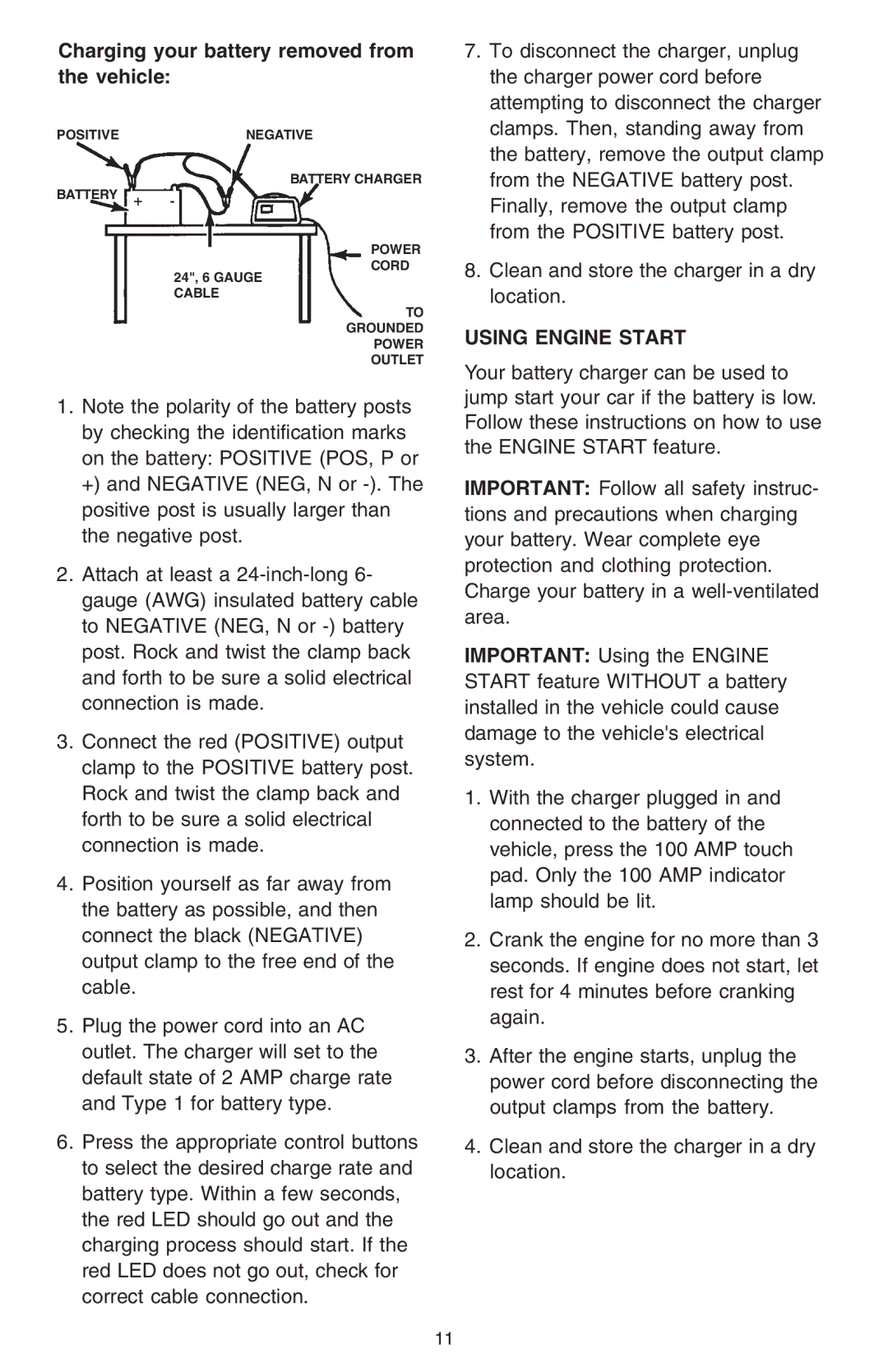 Sears 200.71224 operating instructions Charging your battery removed from the vehicle, Using Engine Start 