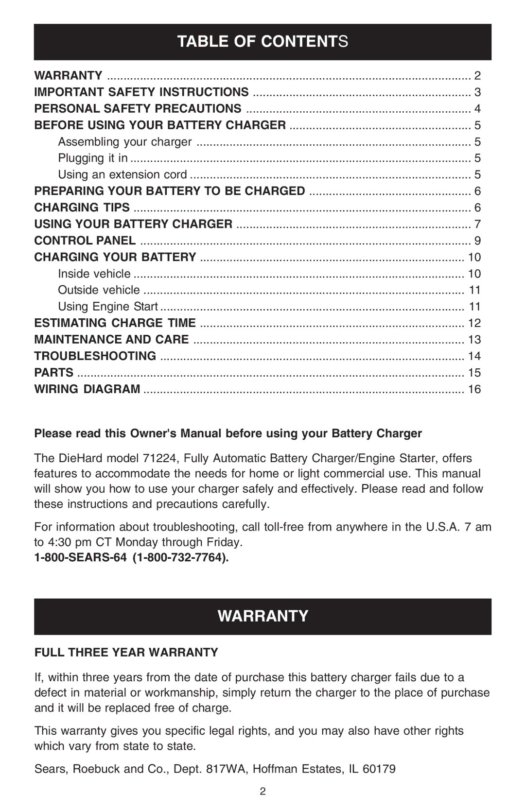 Sears 200.71224 operating instructions Warranty, Table of Contents 