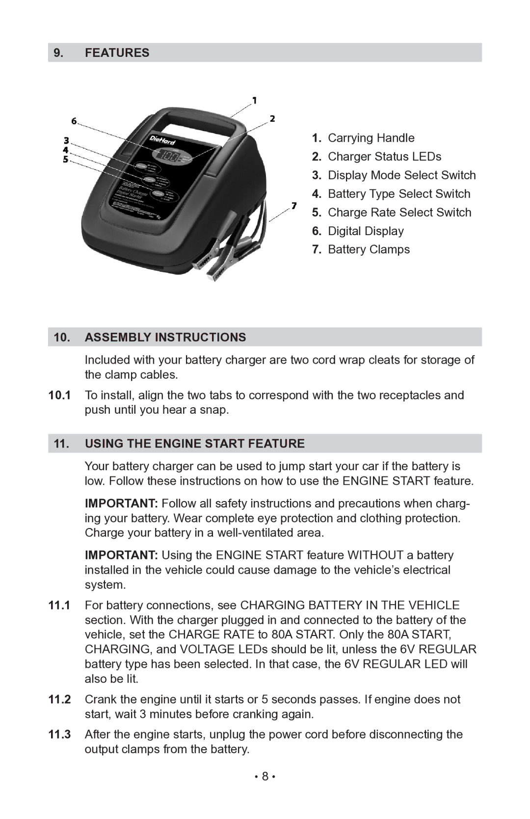 Sears 200.71225 operating instructions Features, Assembly instructions, Using the engine start feature 