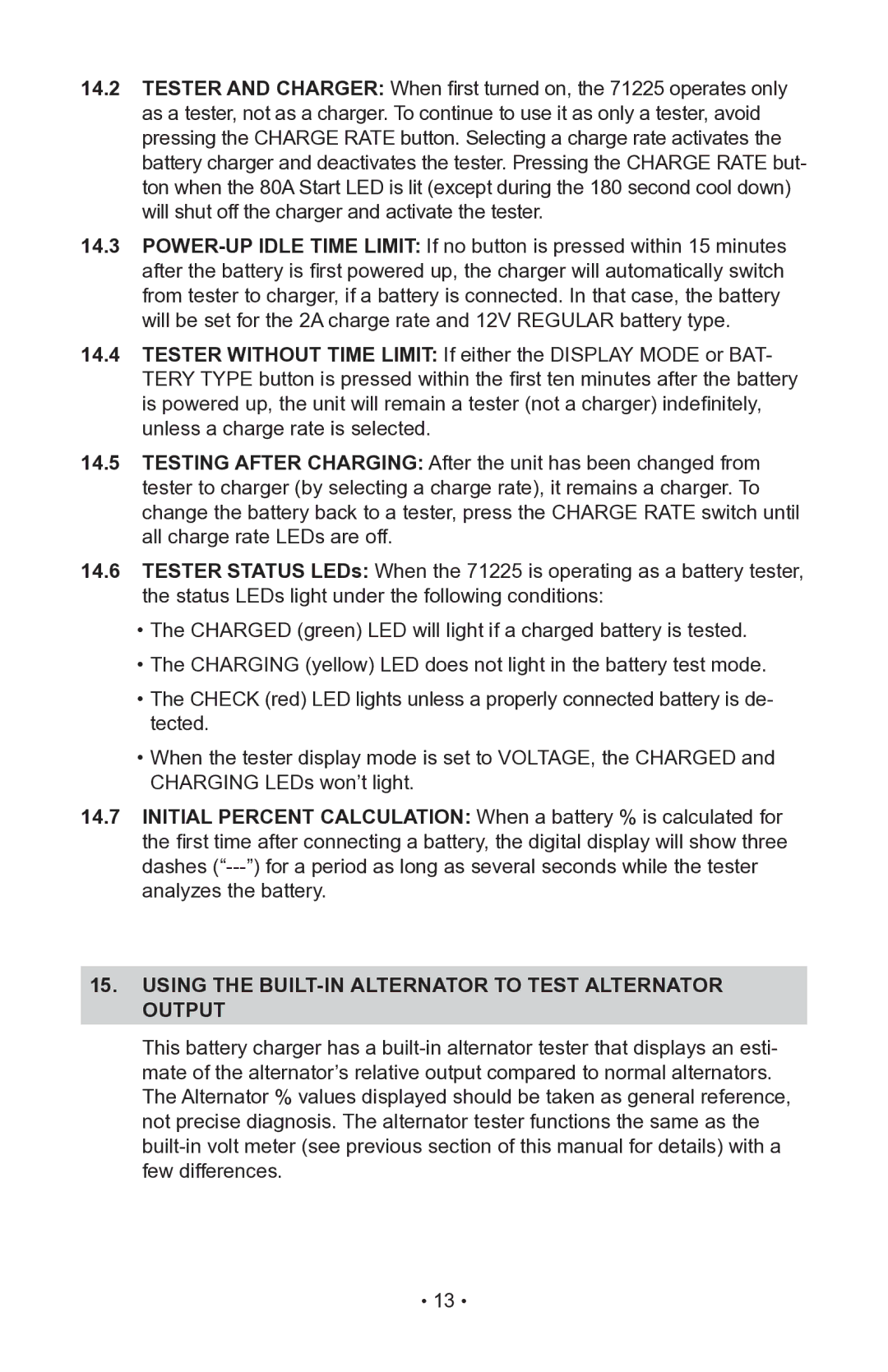 Sears 200.71225 operating instructions Using the built-in alternator to test alternator output 