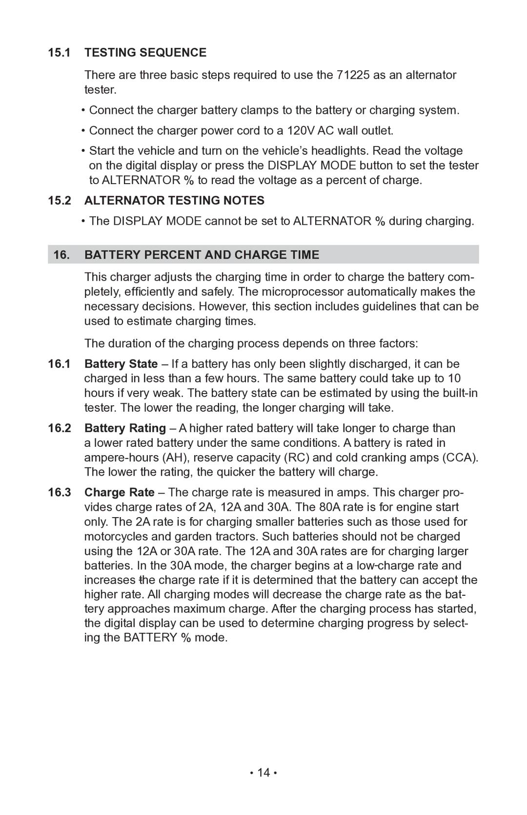 Sears 200.71225 operating instructions Testing Sequence, Alternator Testing Notes, Battery percent and charge time 