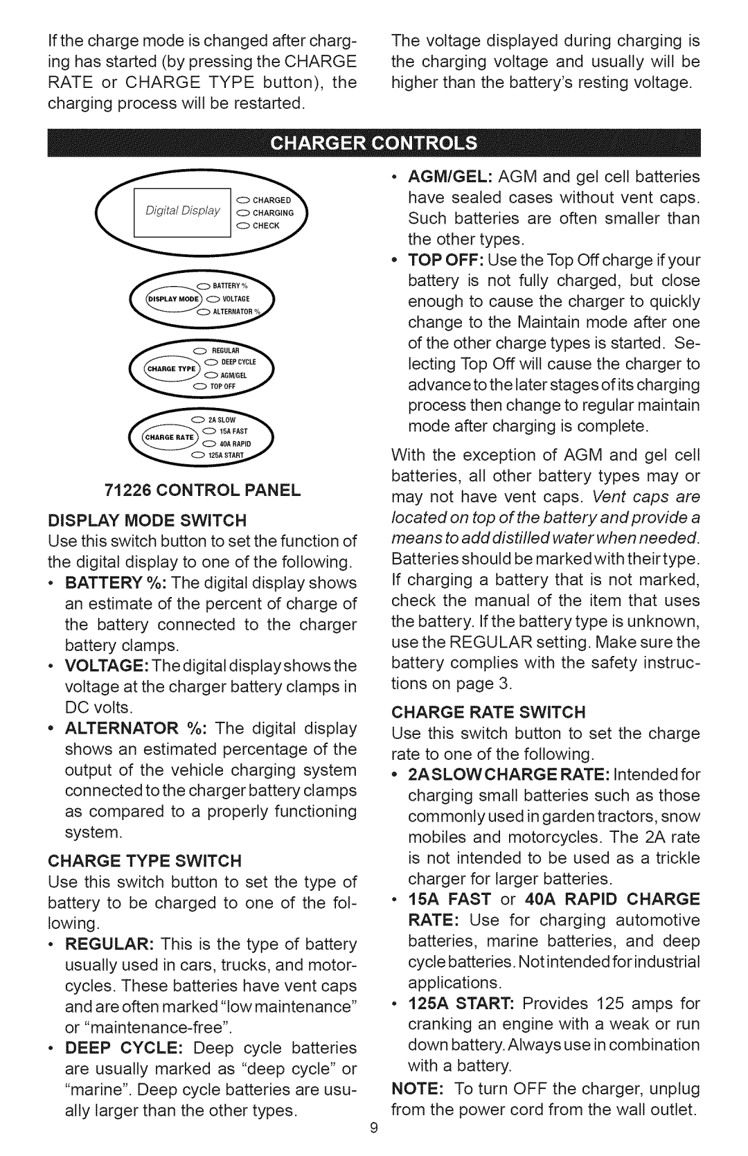 Sears 200.71226 owner manual 71226CONTROLPANEL, Display Mode Switch, Charge Type Switch, Charge Rate Switch 