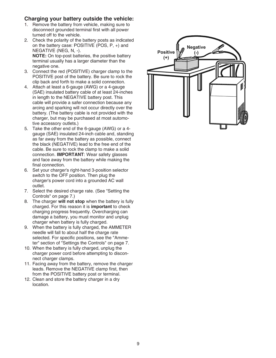 Sears 200.71231 owner manual Charging your battery outside the vehicle 