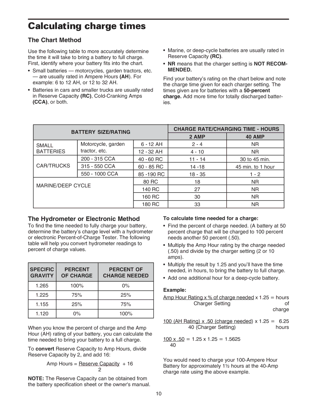 Sears 200.71231 owner manual Calculating charge times, Chart Method, Hydrometer or Electronic Method 