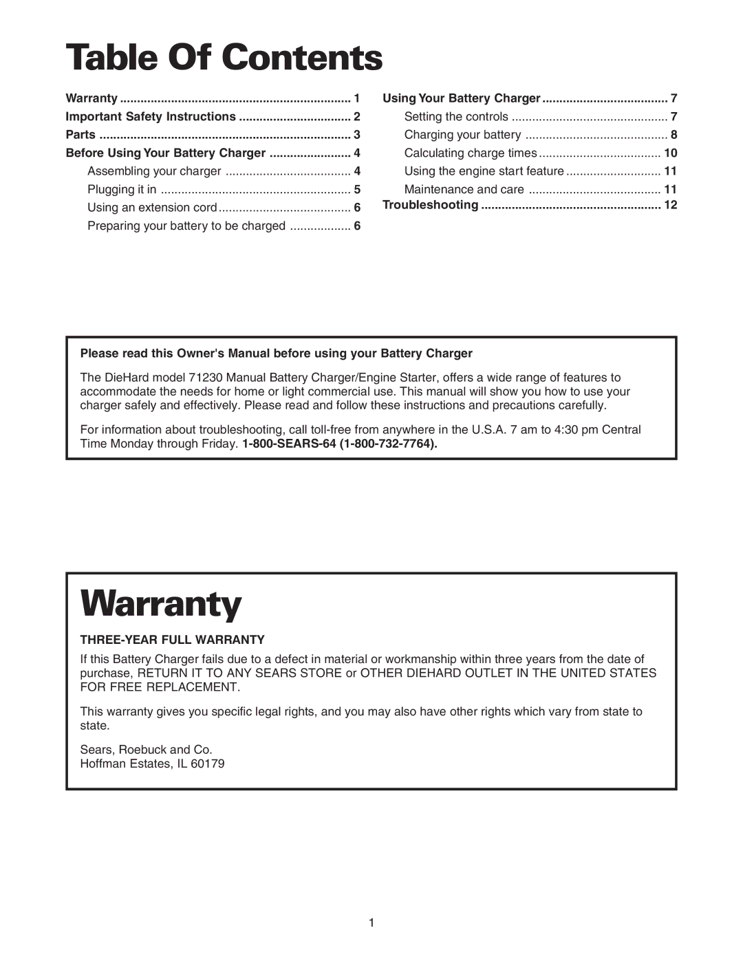 Sears 200.71231 owner manual Table Of Contents, Warranty 