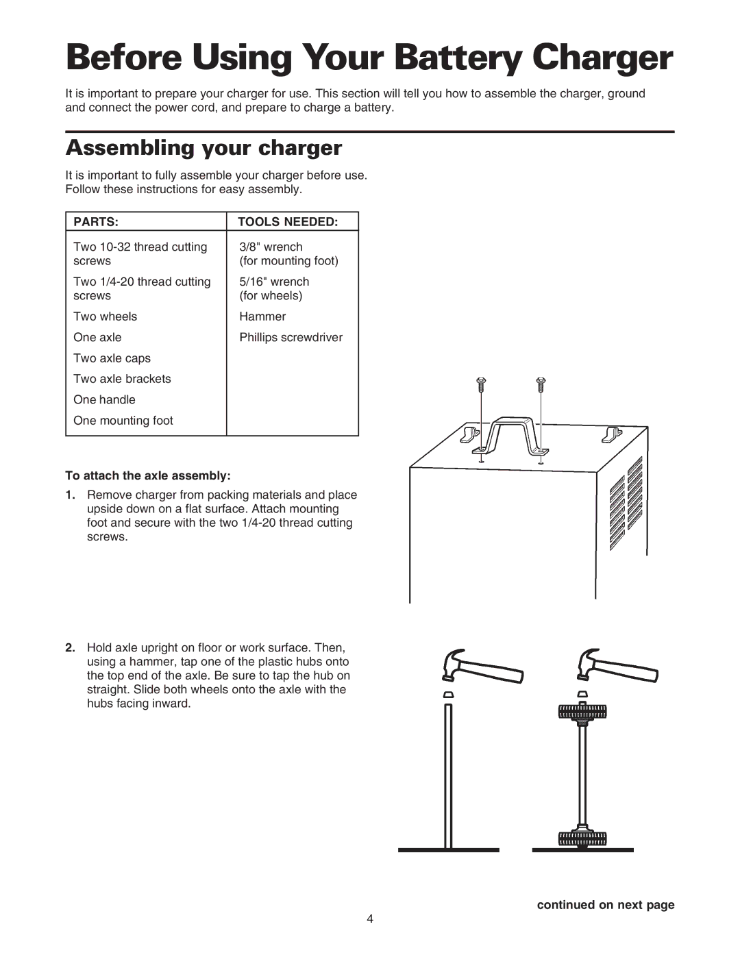 Sears 200.71231 owner manual Before Using Your Battery Charger, Assembling your charger, Parts Tools Needed, On next 