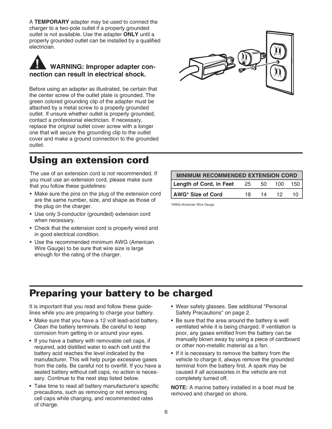 Sears 200.71231 Using an extension cord, Preparing your battery to be charged, Minimum Recommended Extension Cord 