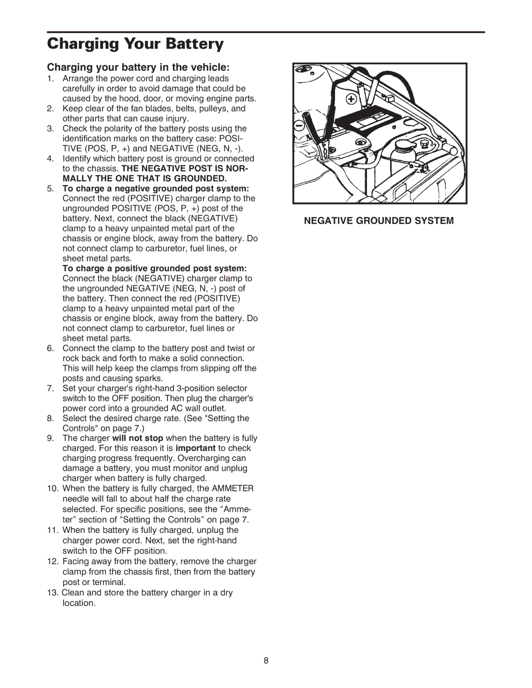 Sears 200.71231 owner manual Charging Your Battery, Charging your battery in the vehicle, Mally the ONE That is Grounded 