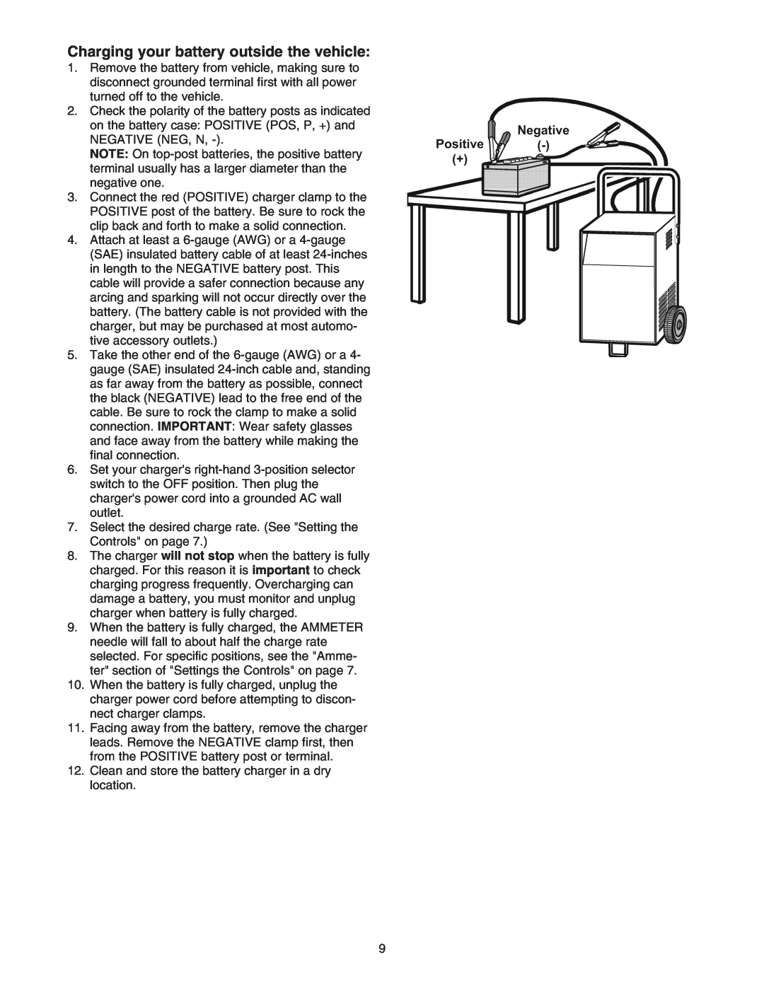 Sears 200.71231 owner manual Charging your battery outside the vehicle 