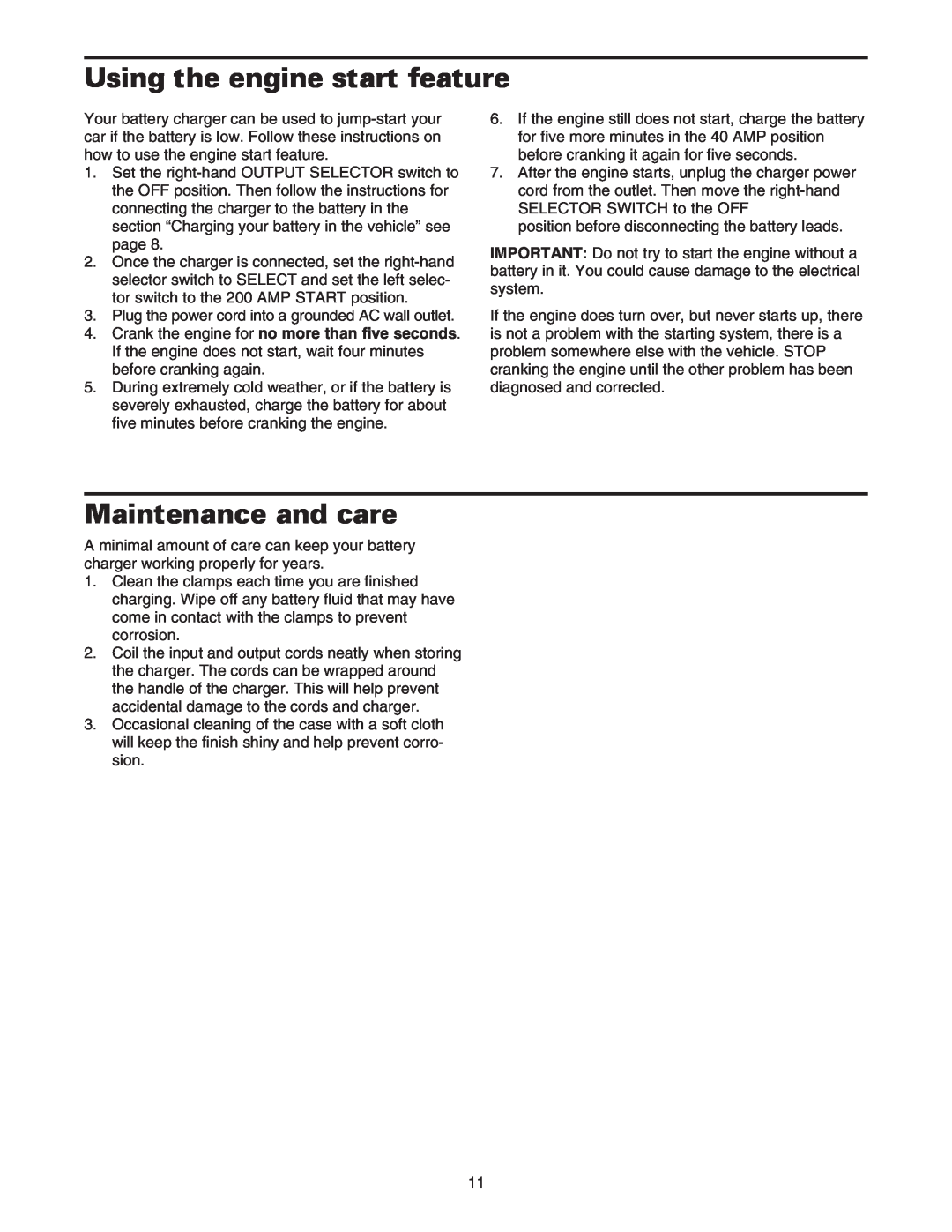 Sears 200.71231 owner manual Using the engine start feature, Maintenance and care 