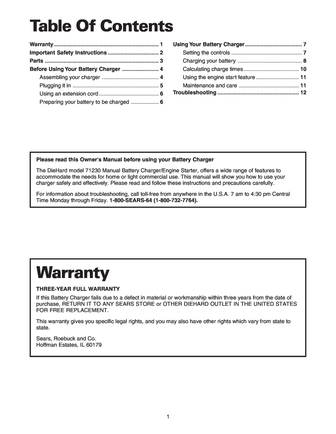 Sears 200.71231 owner manual Table Of Contents, Three-Year Full Warranty, Assembling your charger, Plugging it in 