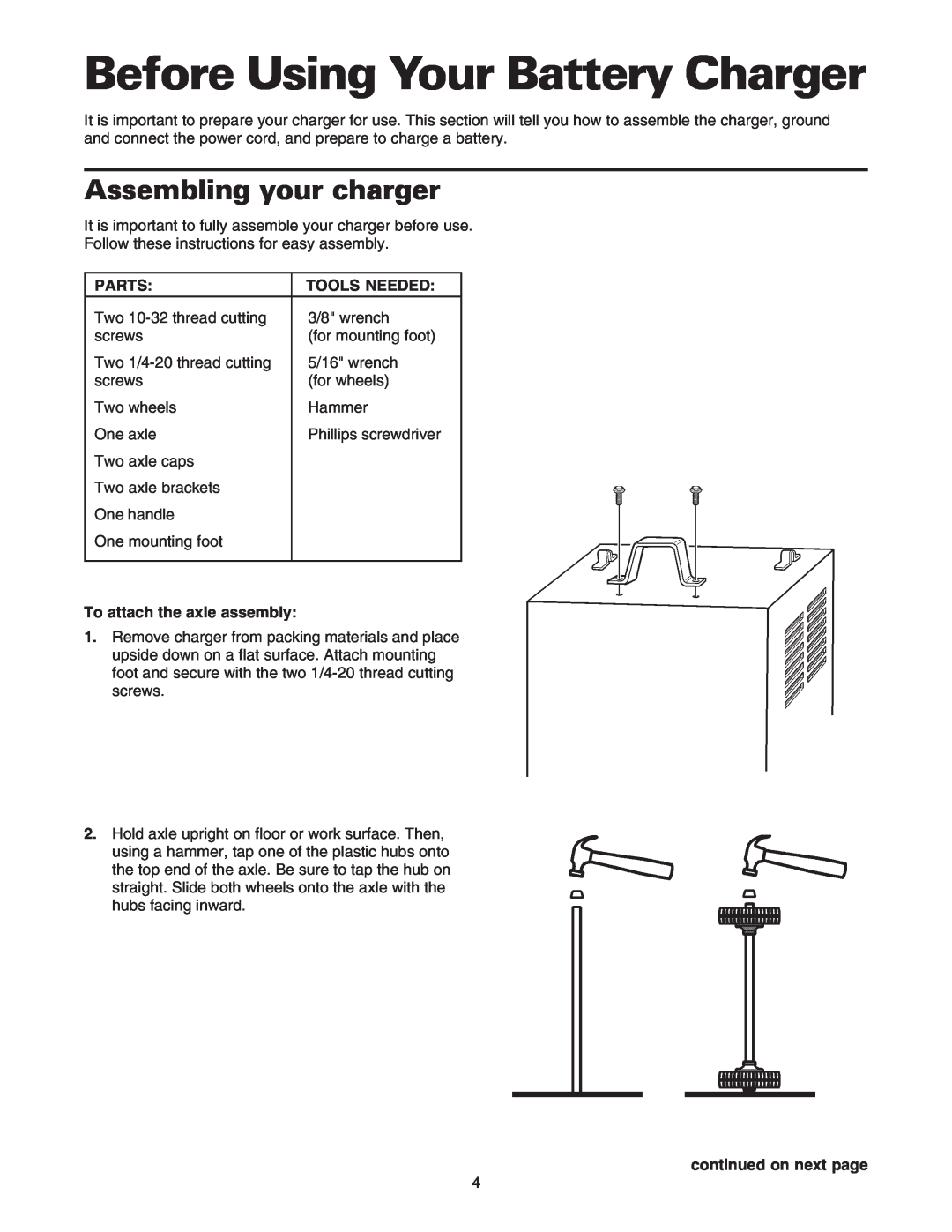 Sears 200.71231 owner manual Before Using Your Battery Charger, Assembling your charger 