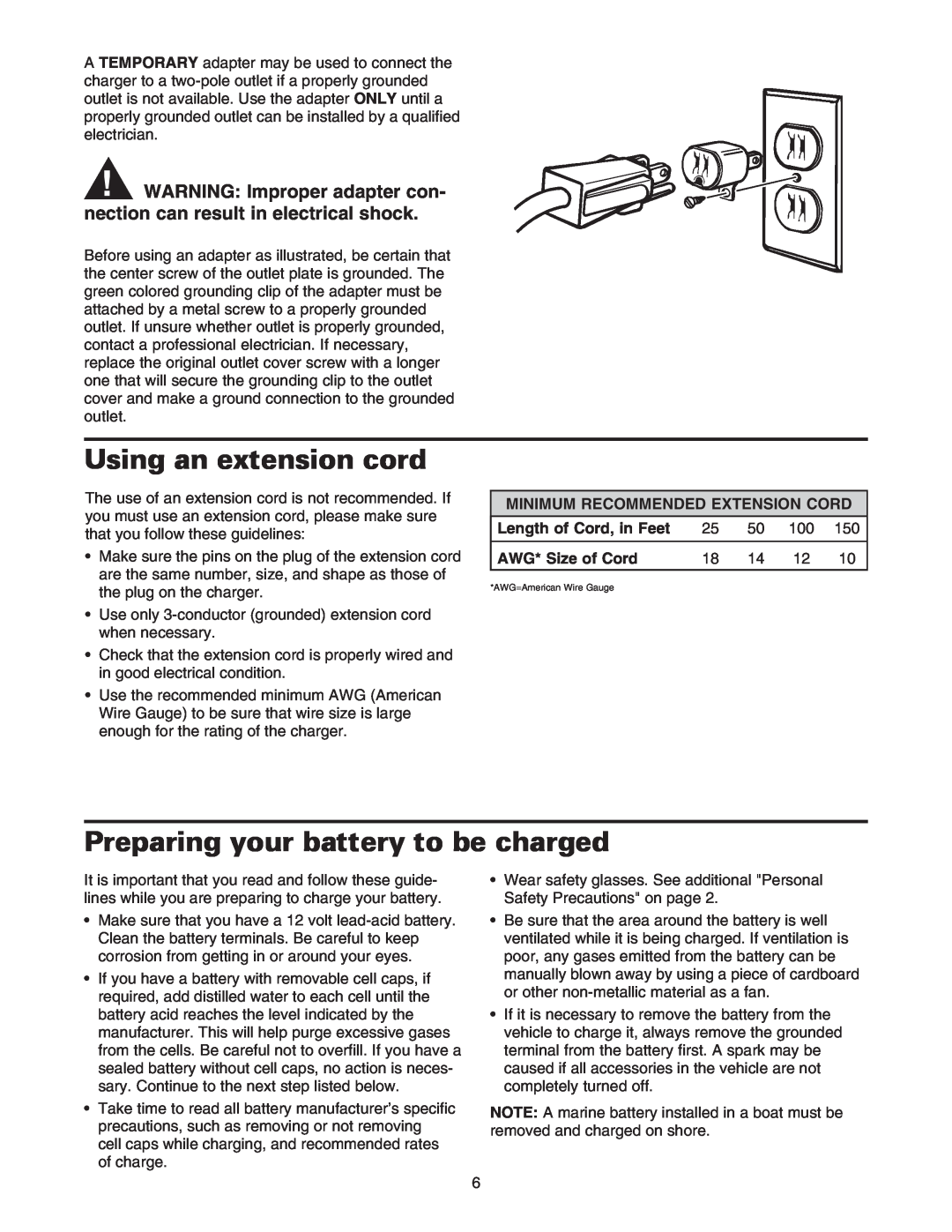 Sears 200.71231 owner manual Using an extension cord, Preparing your battery to be charged 