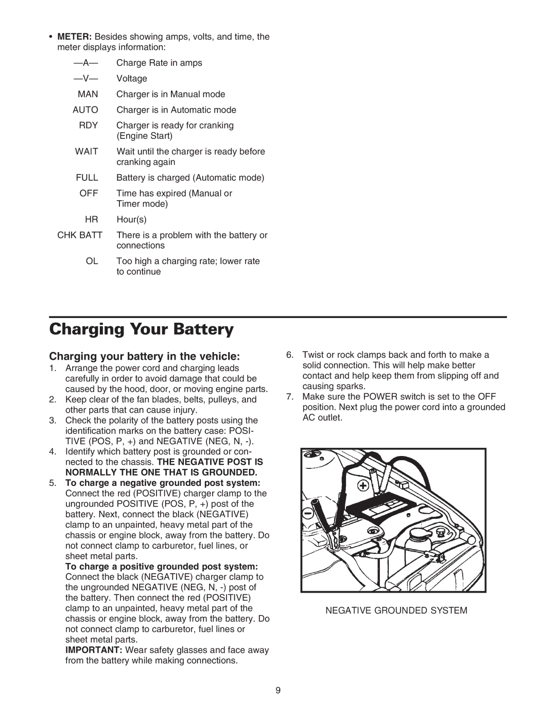 Sears 200.71232 owner manual Charging Your Battery, Charging your battery in the vehicle, Normally the ONE That is Grounded 