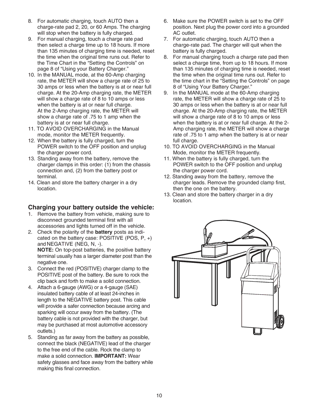 Sears 200.71232 owner manual Charging your battery outside the vehicle 