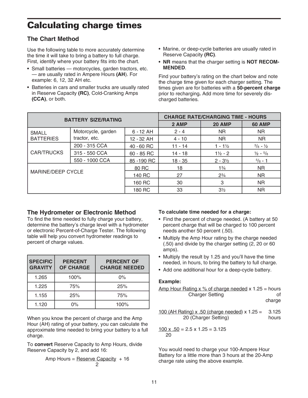 Sears 200.71232 owner manual Calculating charge times, Chart Method, Hydrometer or Electronic Method 