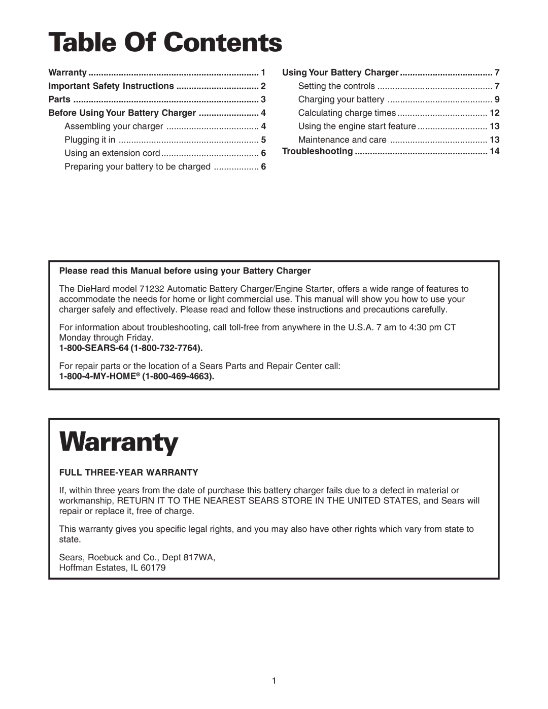 Sears 200.71232 owner manual Table Of Contents, Warranty 