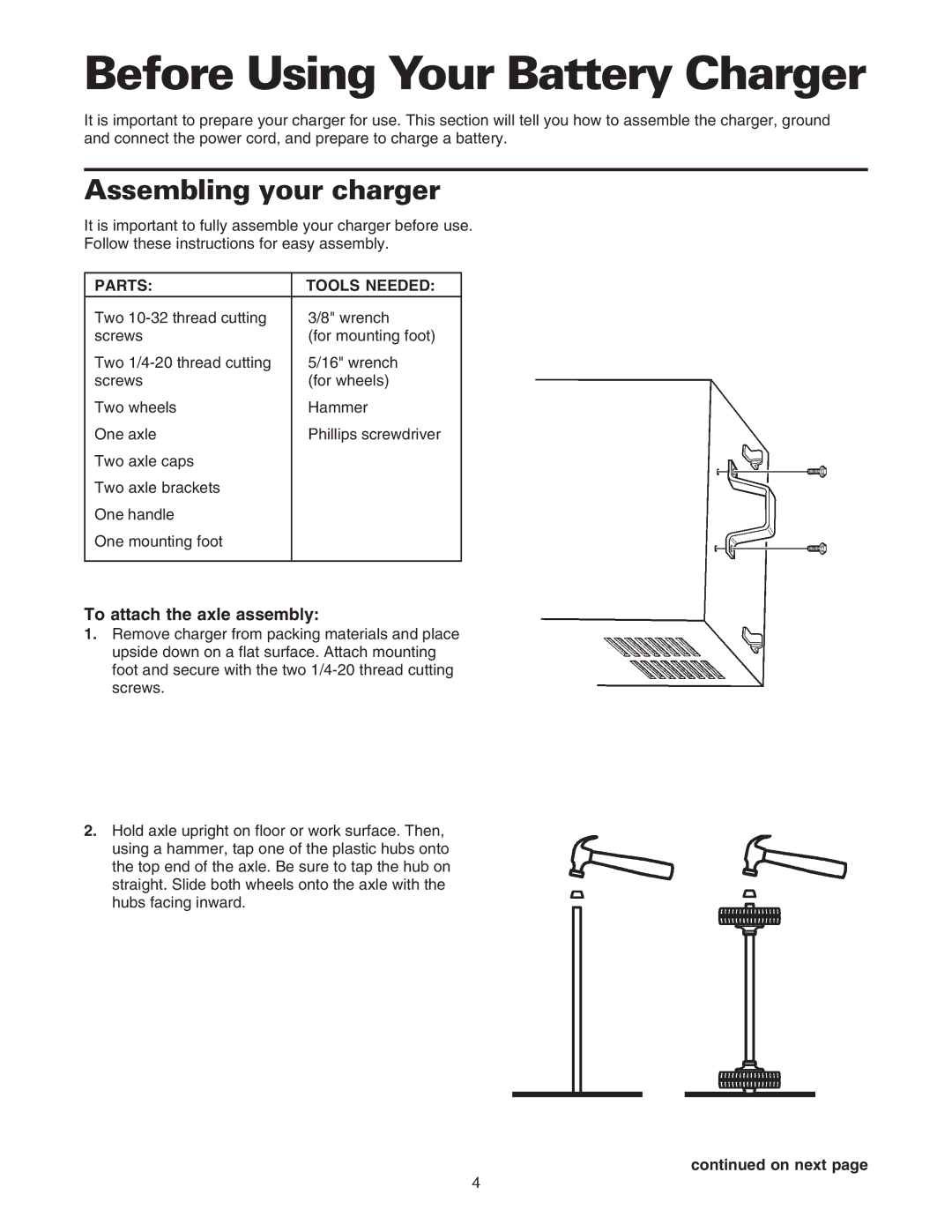 Sears 200.71232 owner manual Before Using Your Battery Charger, Assembling your charger, Parts Tools Needed, On next 