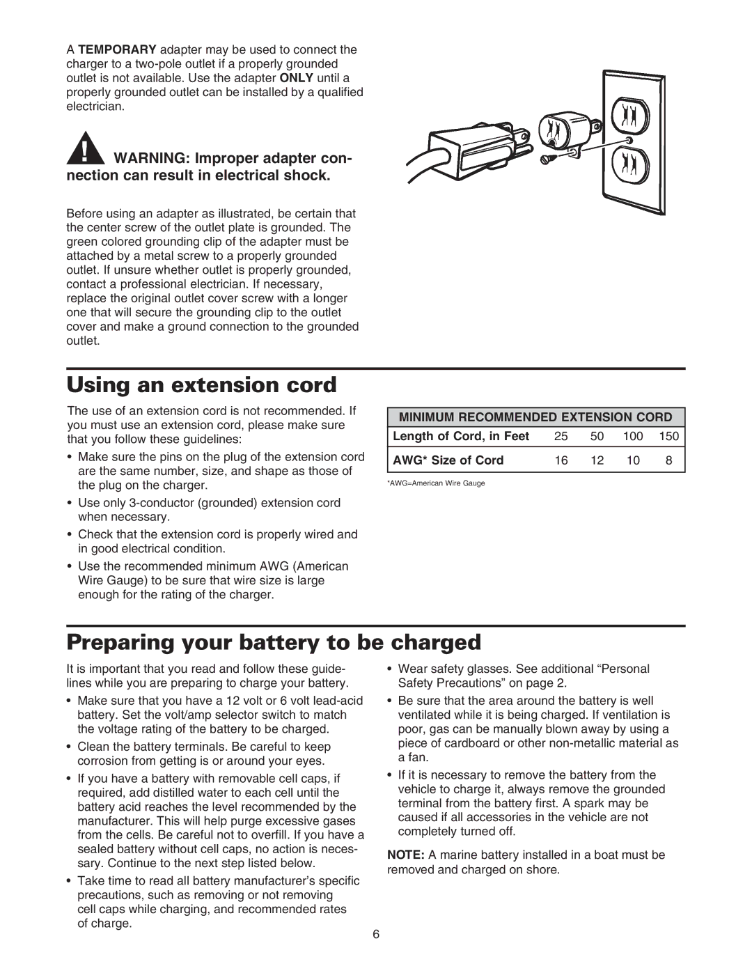 Sears 200.71232 Using an extension cord, Preparing your battery to be charged, Minimum Recommended Extension Cord 