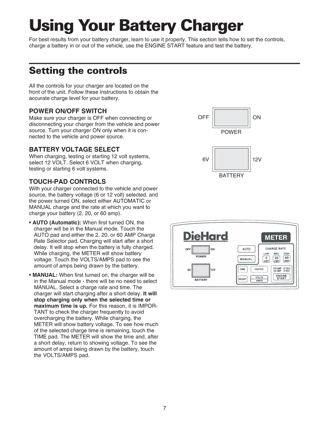 Sears 200.71232 owner manual Using Your Battery Charger, Setting the controls 