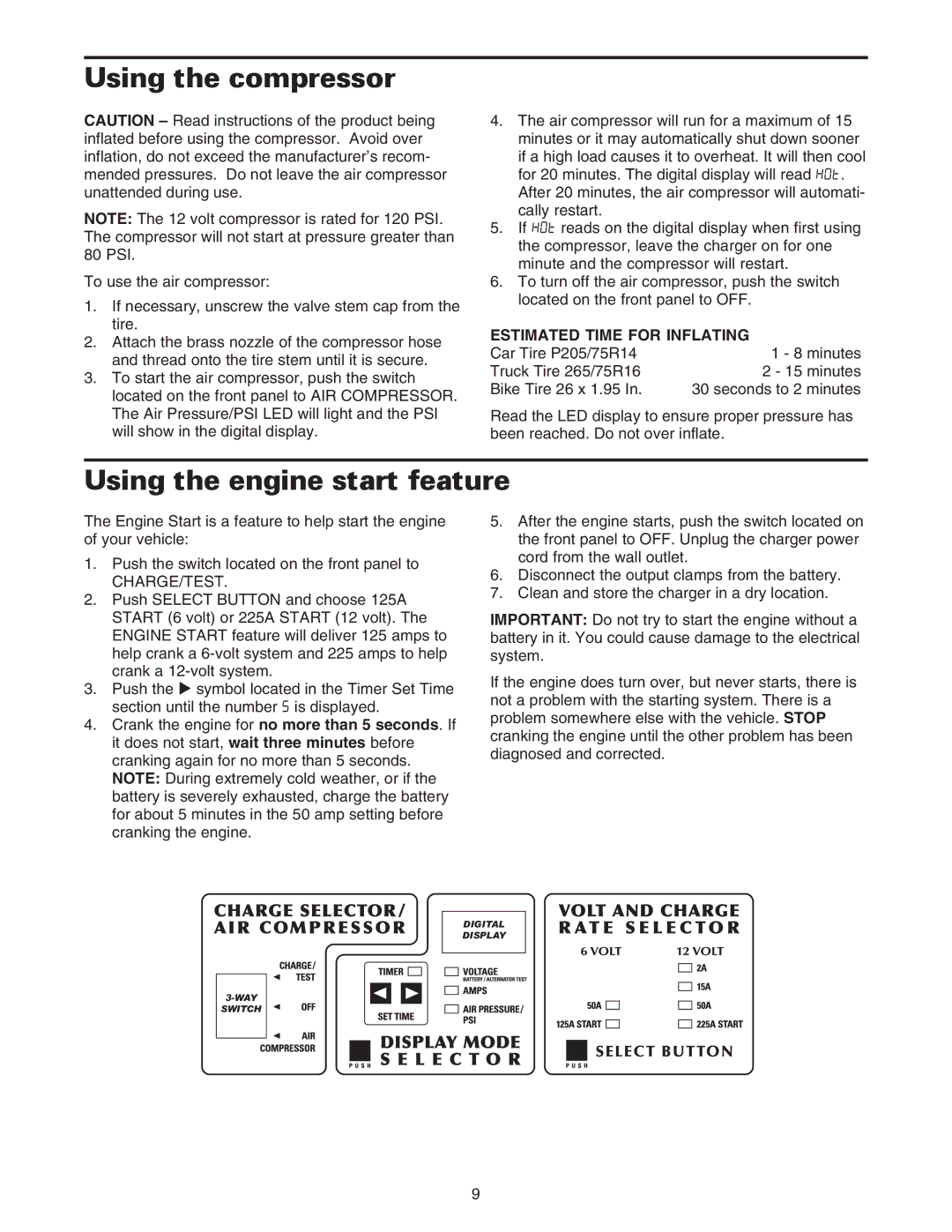 Sears 200.71233 owner manual Using the compressor, Using the engine start feature, Estimated Time for Inflating 