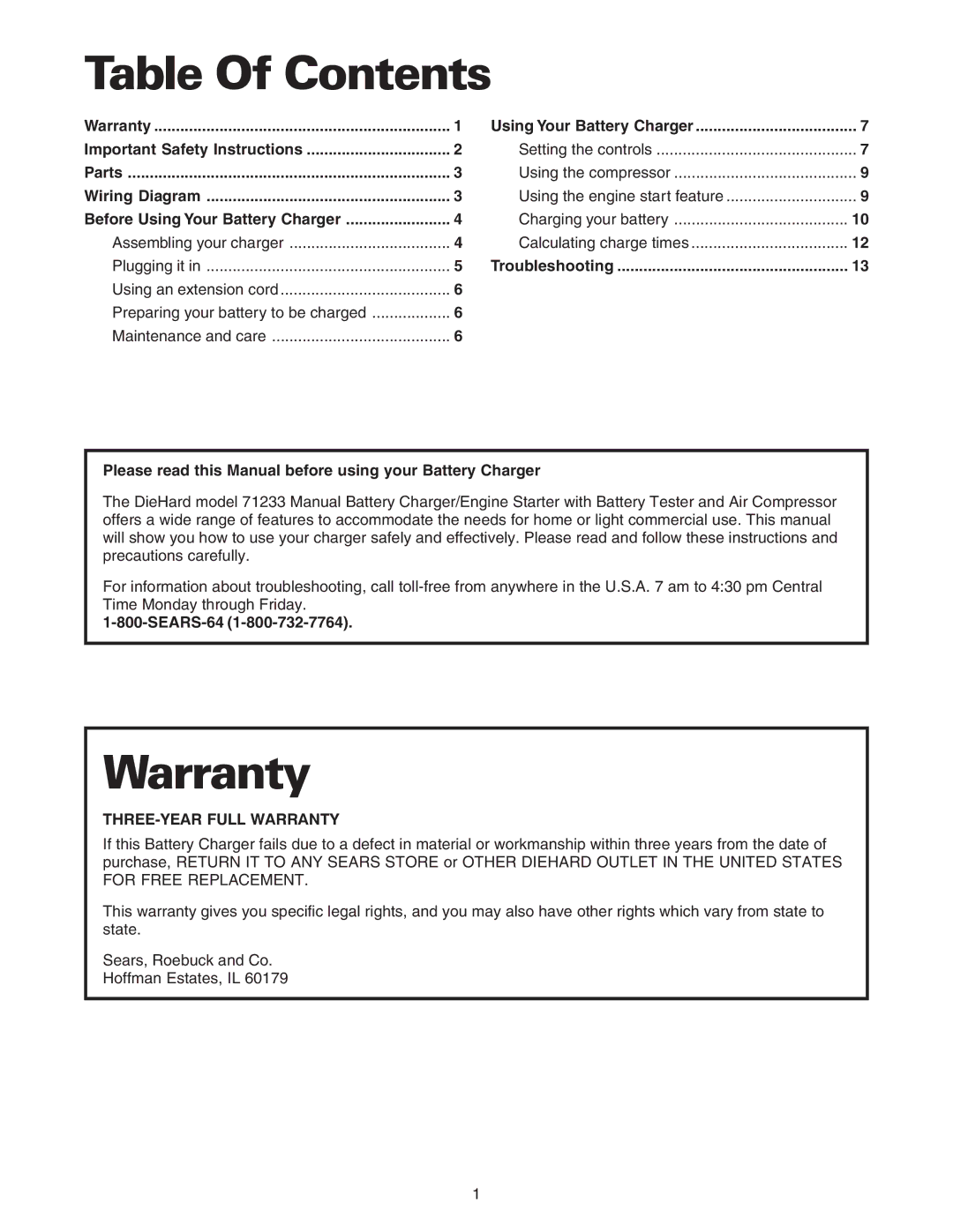 Sears 200.71233 owner manual Table Of Contents, Warranty 