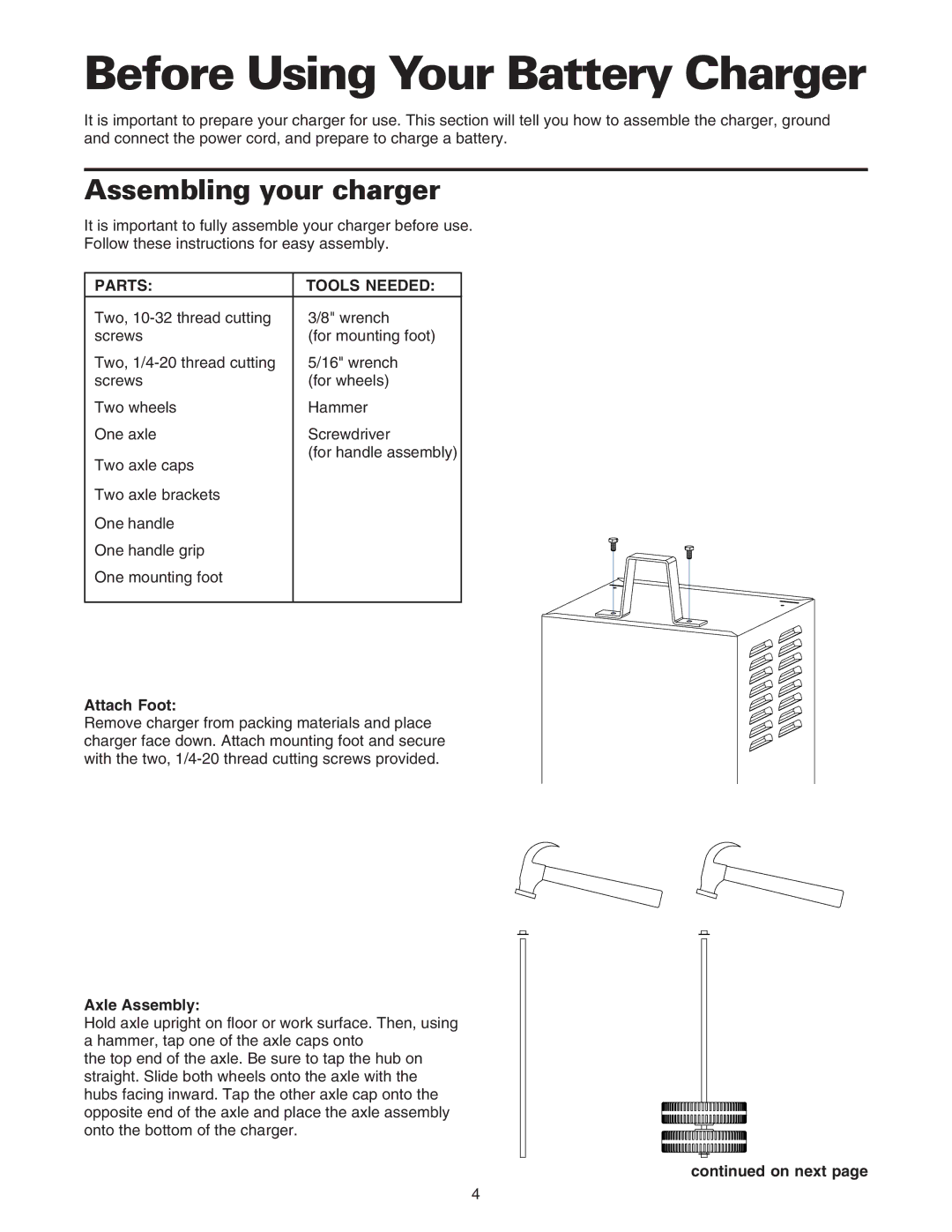 Sears 200.71233 owner manual Before Using Your Battery Charger, Assembling your charger, Parts Tools Needed 