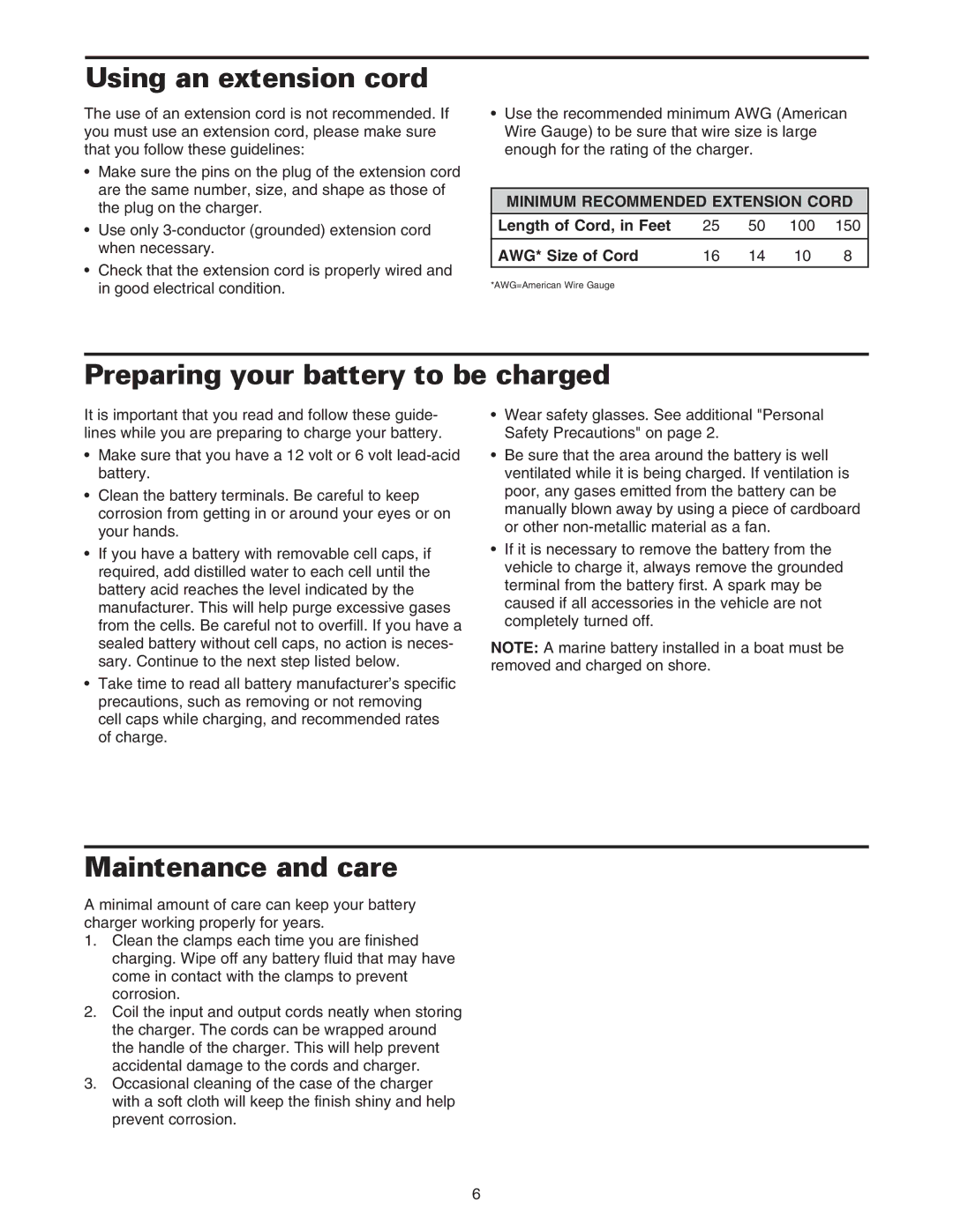 Sears 200.71233 owner manual Using an extension cord, Preparing your battery to be charged, Maintenance and care 