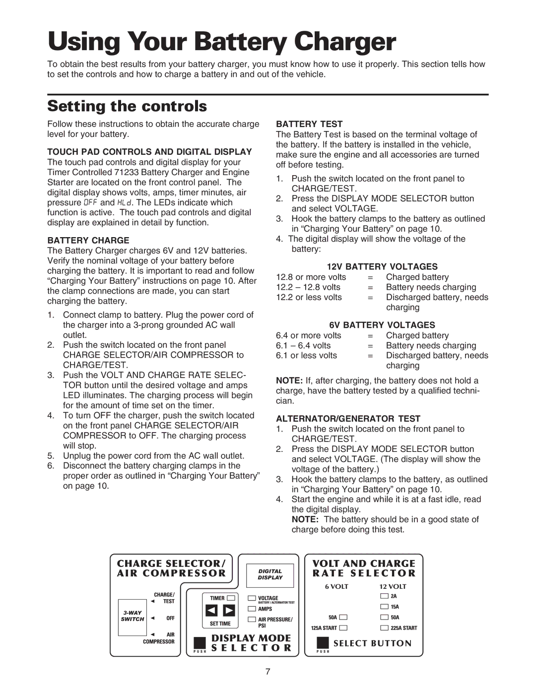 Sears 200.71233 owner manual Using Your Battery Charger, Setting the controls 