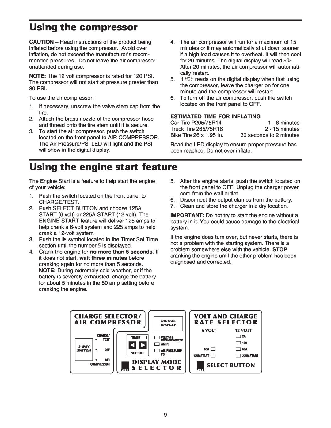 Sears 200.71233 owner manual Using the compressor, Using the engine start feature, Estimated Time For Inflating 