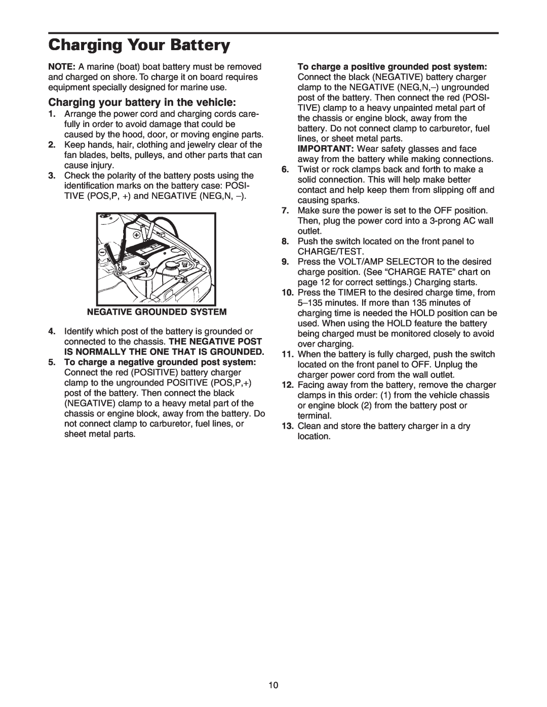 Sears 200.71233 owner manual Charging Your Battery, Charging your battery in the vehicle, Negative Grounded System 